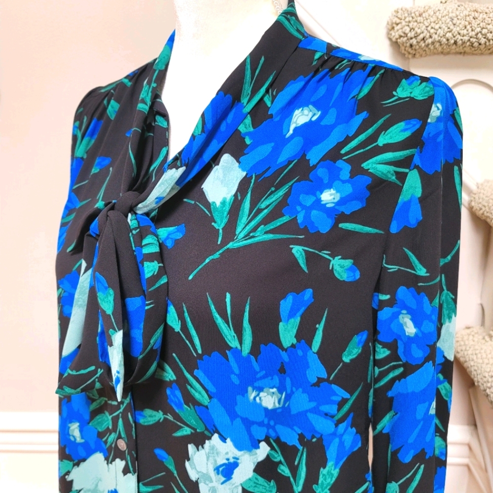 New! J. Crew size Small S Long Sleeve Bow Top Blue Floral Blouse NWT